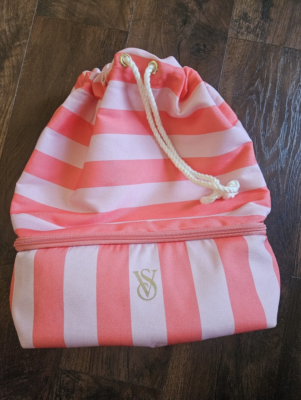 PINK Victoria's Secret Pink and Coral Striped Beach Cooler  Drawstring Bag